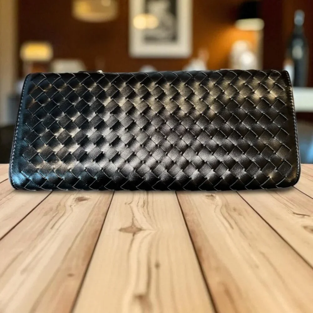 * Black Woven Faux Leather Clutch Handbag With Shoulder Strap - Picture 3 of 4